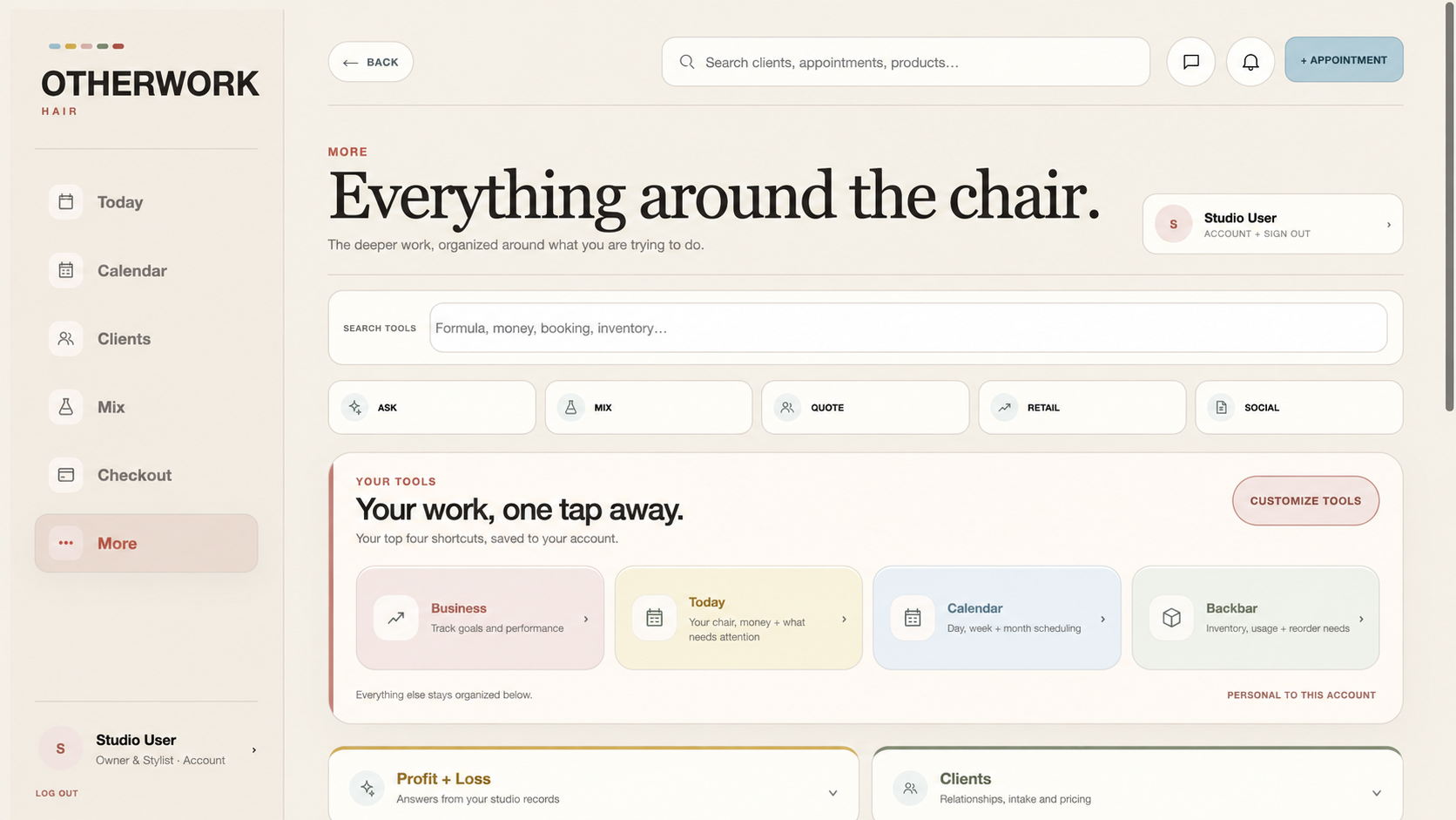OTHERWORK app showing its navigation and shortcuts for Business, Today, Calendar and Backbar